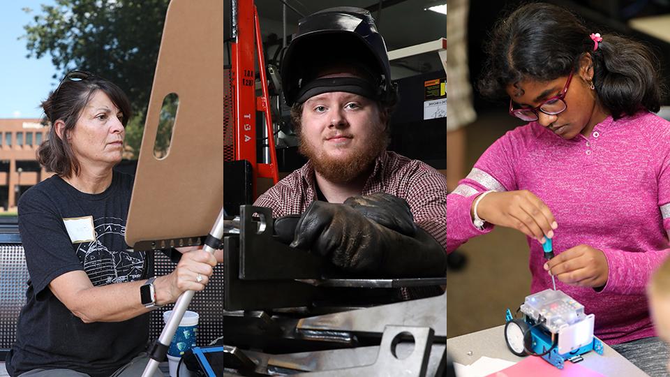 collage of 3 赌钱app可以微信提现 students - one child working on robotics, one adult male welding student, one nontraditional adult female painting student