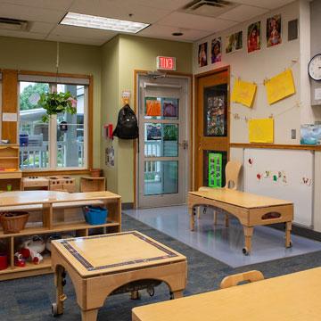 Toddler Classroom, showing the two sensory tables, outdoor access, and dramatic play areas. 