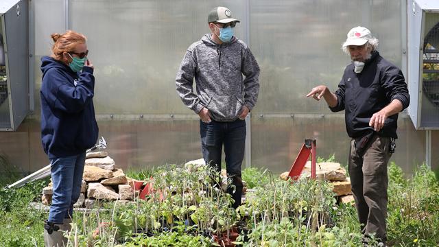 Rick Mareske watering plants on the Open Petal Farm